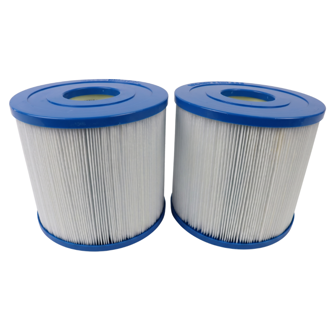 Side-by-side view of a two-piece 10401000 C40 replacement filter cartridge set showing the blue stepped end caps and white pleated fabric