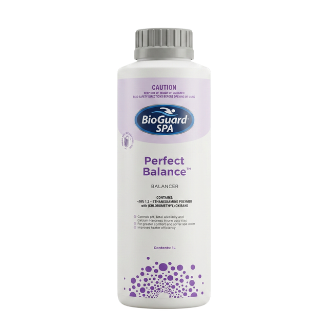 1L bottle of BioGuard Spa Perfect Balance, an all-in-one water balancer that controls pH, Total Alkalinity, and Calcium Hardness to improve heater efficiency and bather comfort.