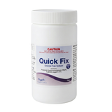 A 1kg white plastic container of Poppits Quick Fix chlorine-free spa oxidiser showing the product label with Step 1 instructions on a clean white background.