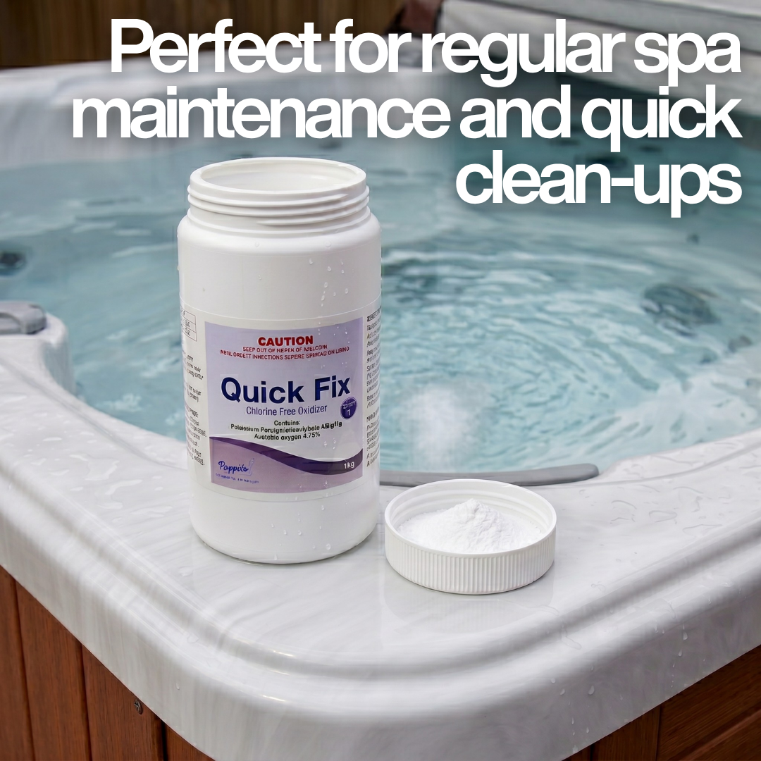 An open 1kg container of Poppits Quick Fix chlorine-free spa oxidiser alongside a cap filled with shock treatment powder on a hot tub rim, with white text overlay stating it is perfect for regular spa maintenance and quick clean-ups.