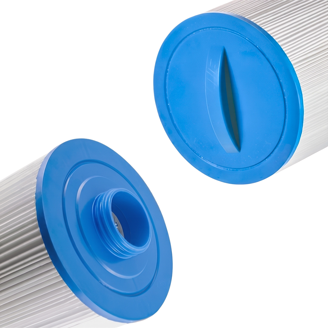 Two 50 sq ft replacement skimmer filter elements showing a close-up of the blue crescent handle top cap and the bottom male threaded connection