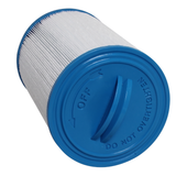 Close-up angled view of a 50 sq ft replacement skimmer filter element showing the blue top cap with a built-in crescent handle and molded text reading DO NOT OVERTIGHTEN and OFF