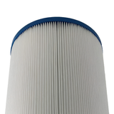 Low angle view looking up a 50 sq ft replacement skimmer filter element showing the dense white pleated fabric material and blue top rim