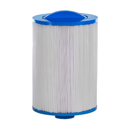 Front view of a 50 sq ft replacement filter element for widemouth screw-in skimmers showing the blue handle top cap and bottom male thread fitting