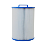 Front view of a 50 sq ft replacement filter element for widemouth screw-in skimmer systems featuring a blue top handle cap and pleated fabric