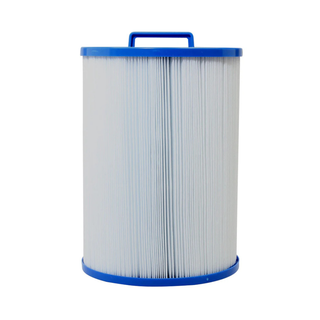 Front view of a 50 sq ft replacement filter element for widemouth screw-in skimmer systems featuring a blue top handle cap and pleated fabric