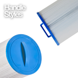 Comparison graphic with text Handle Styles showing two 50 sq ft replacement skimmer filter elements with different blue top plastic handle configurations