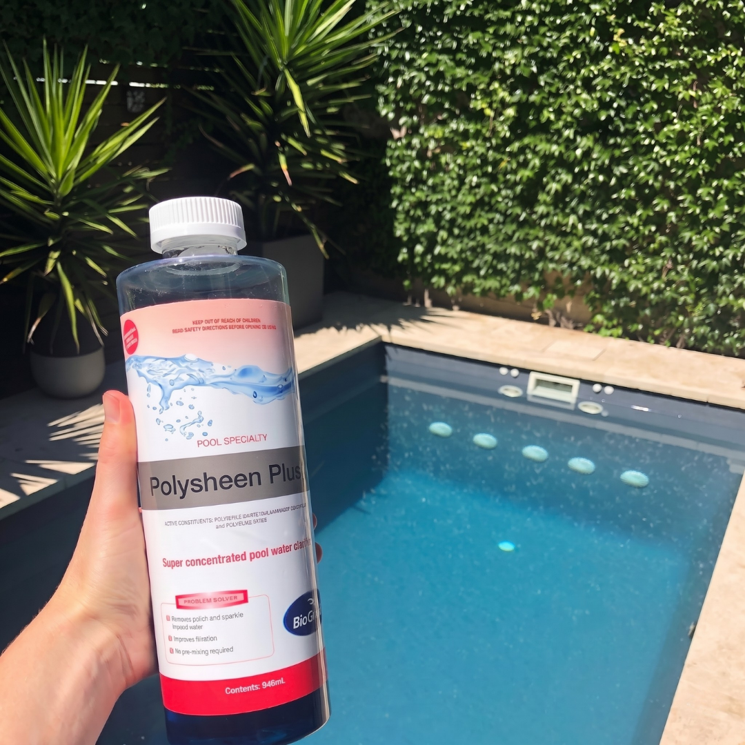 A person holding a 946ml bottle of BioGuard Polysheen Plus super concentrated pool water clarifier next to a clean, blue backyard swimming pool. The product label is visible, highlighting its use as a pool specialty problem solver to improve filtration and restore clarity.