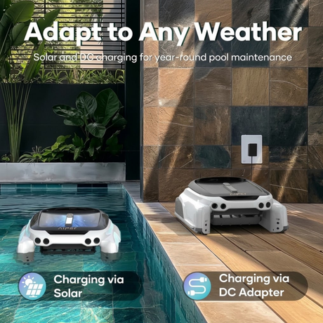Infographic displaying the Aiper Surfer S1 robotic pool skimmer's dual charging modes, showing one unit skimming on the pool water using solar power and another unit resting on wooden decking plugged into a wall outlet via DC adapter.