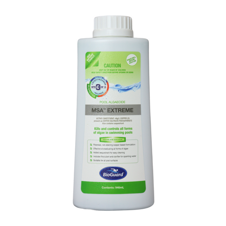 BioGuard MSA Extreme pool algaecide bottle on a white background