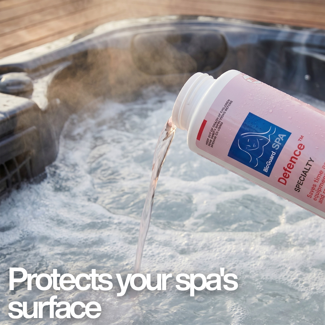 A bottle of BioGuard SPA Defence specialty treatment sits on the blue speckled rim of an active, steaming hot tub, highlighting its use in preventing scale and staining.