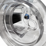 Interior close-up look through a clear threaded port of a Davey EcoSalt replacement chlorinator cell, showing the stacked titanium plates and the internal screw connection for the top earthing post terminal.