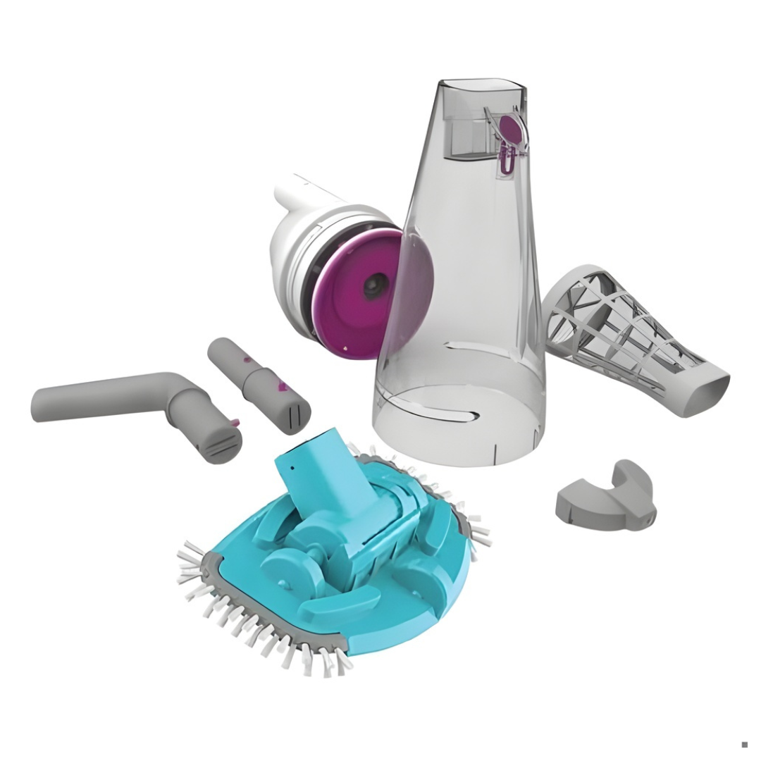 Exploded view of the Kokido Telsa 50 rechargeable pool vacuum components, including the blue pivoting brush head, clear debris canister, filter cone, purple motor block, and handle attachments on a white background
