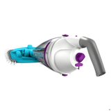 Kokido Telsa 50 cordless handheld rechargeable pool and spa vacuum cleaner showing the blue pivoting vacuum head with bristles, transparent debris canister, and purple charging port switch