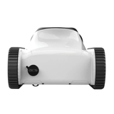 Direct rear studio view of a Madimack Freedom i45 cordless robotic pool cleaner, showing the smooth white rear housing, charging port plug cap on the lower left, and side caterpillar drive tracks isolated on white.