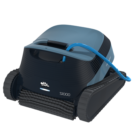 High-angle front three-quarter studio product view of the Maytronics Dolphin S1000 robotic pool cleaner on an isolated white background, showing its blue power cable attached to the top handle casing, dark grey body, slate blue top housing, front active brush, and heavy-duty continuous tracks.