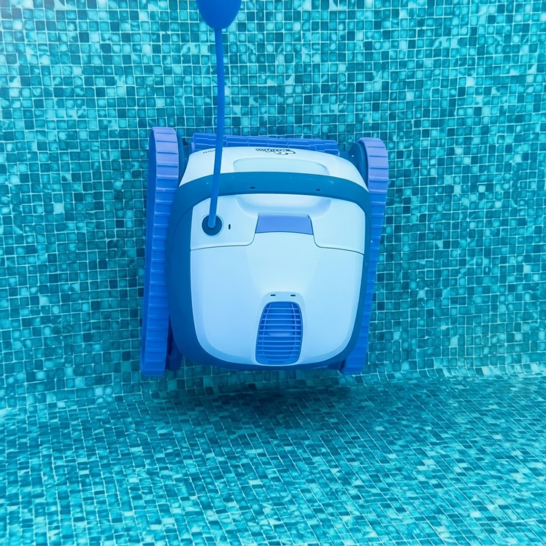 Underwater top-down view of the white and blue Maytronics Dolphin S 100 robotic pool cleaner actively climbing and cleaning a tiled pool wall.