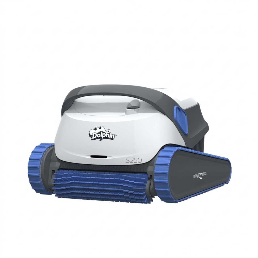 Studio product view of the white and dark grey Maytronics Dolphin S 250 robotic pool cleaner on a white background, featuring blue side vents, blue continuous tracks, and a front active scrubbing brush.