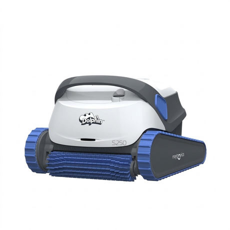 Studio product view of the white and dark grey Maytronics Dolphin S 250 robotic pool cleaner on a white background, featuring blue side vents, blue continuous tracks, and a front active scrubbing brush.