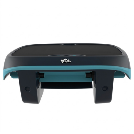 Studio product view of the Maytronics Dolphin Skimmi 200 robotic pool skimmer from a direct front angle on an isolated white background, showing its dark grey chassis, teal accent band, front debris intake opening, and Dolphin logo.