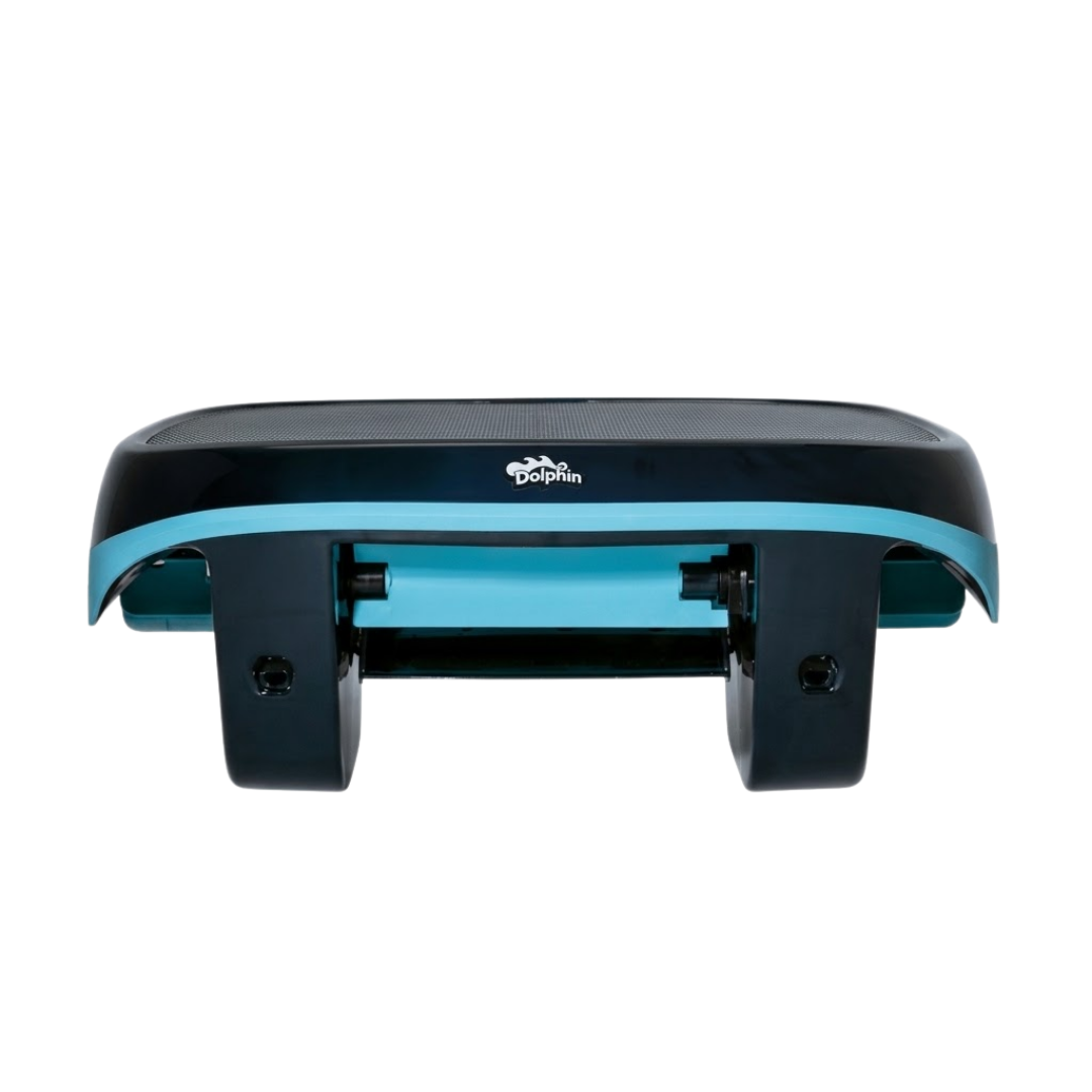 Straight-on front elevation studio view of the Maytronics Dolphin Skimmi 200 robotic pool skimmer on an isolated white background, detailing its front debris intake mouth, internal teal roller mechanism, dark grey upper shell, and Dolphin logo.