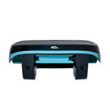 Straight-on front elevation studio view of the Maytronics Dolphin Skimmi 200 robotic pool skimmer on an isolated white background, detailing its front debris intake mouth, internal teal roller mechanism, dark grey upper shell, and Dolphin logo.