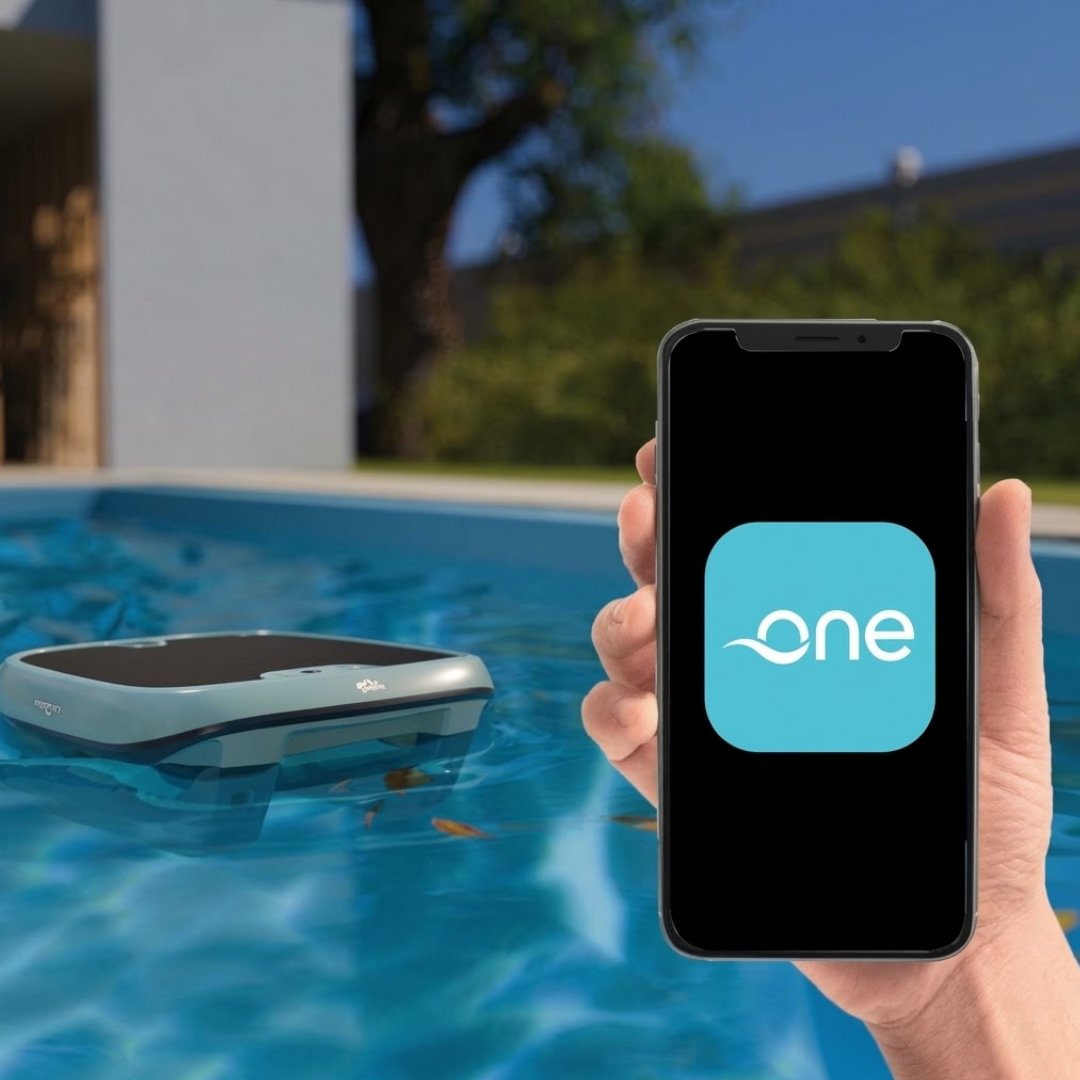 Lifestyle composite view of the Maytronics Dolphin Skimmi 300 robotic pool skimmer floating in a swimming pool, paired with a close-up of a hand holding a smartphone displaying the MyDolphin Plus app interface.