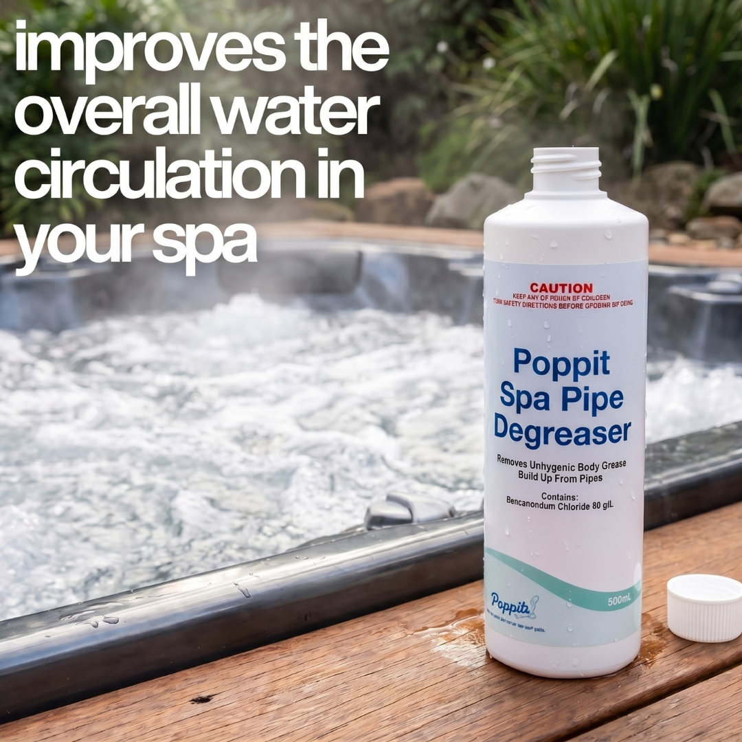 Poppit Spa Pipe Degreaser bottle with text about improving water circulation in a spa.&nbsp;