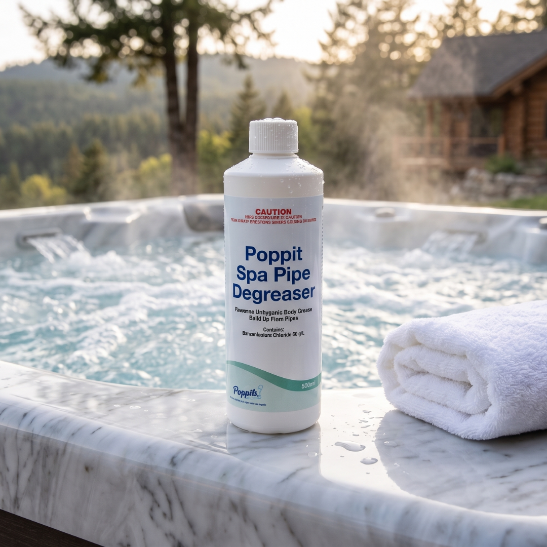 Poppit Spa Pipe Degreaser bottle on a hot tub ledge with a scenic background