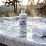 Poppit Spa Pipe Degreaser bottle on a hot tub ledge with a scenic background