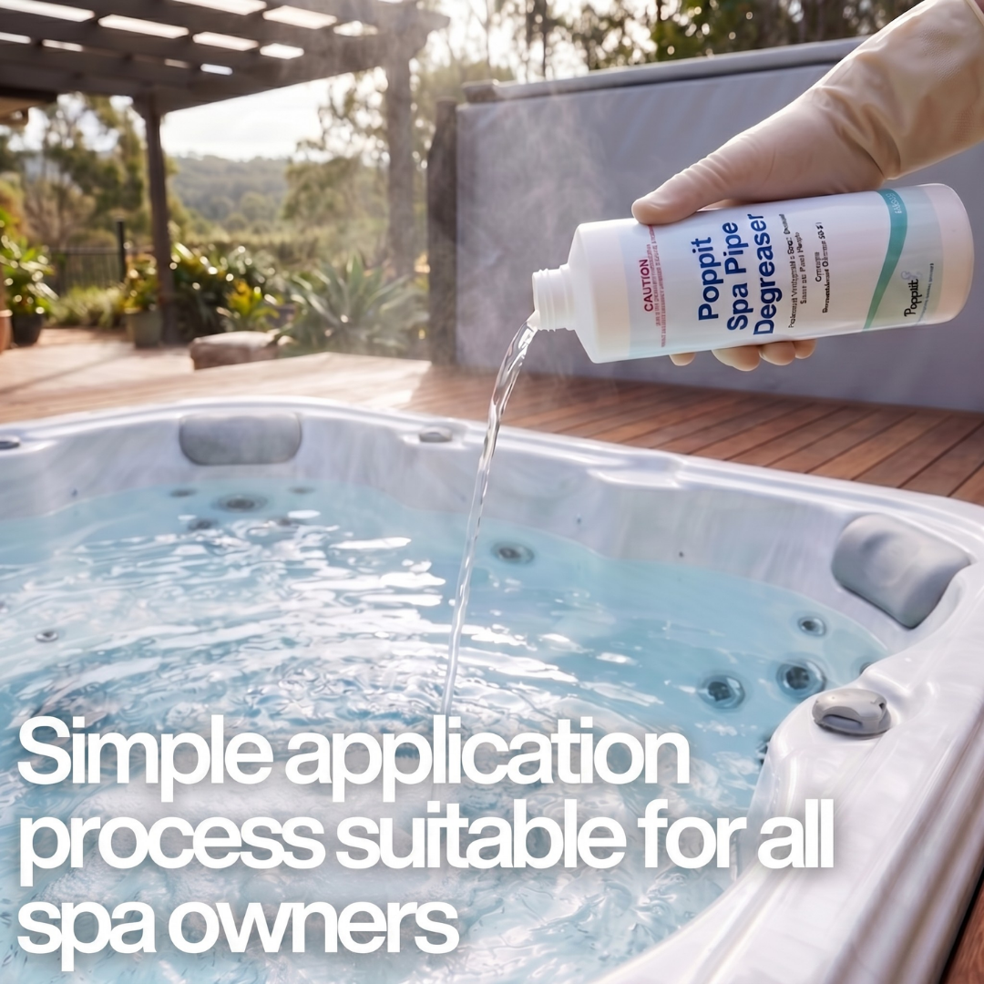 Person pouring spa cleaner into a hot tub with text about simple application process