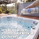 Person pouring spa cleaner into a hot tub with text about simple application process
