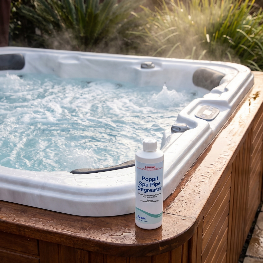 Hot tub with a bottle of Poppit Spa Pipe Degreaser on the edge