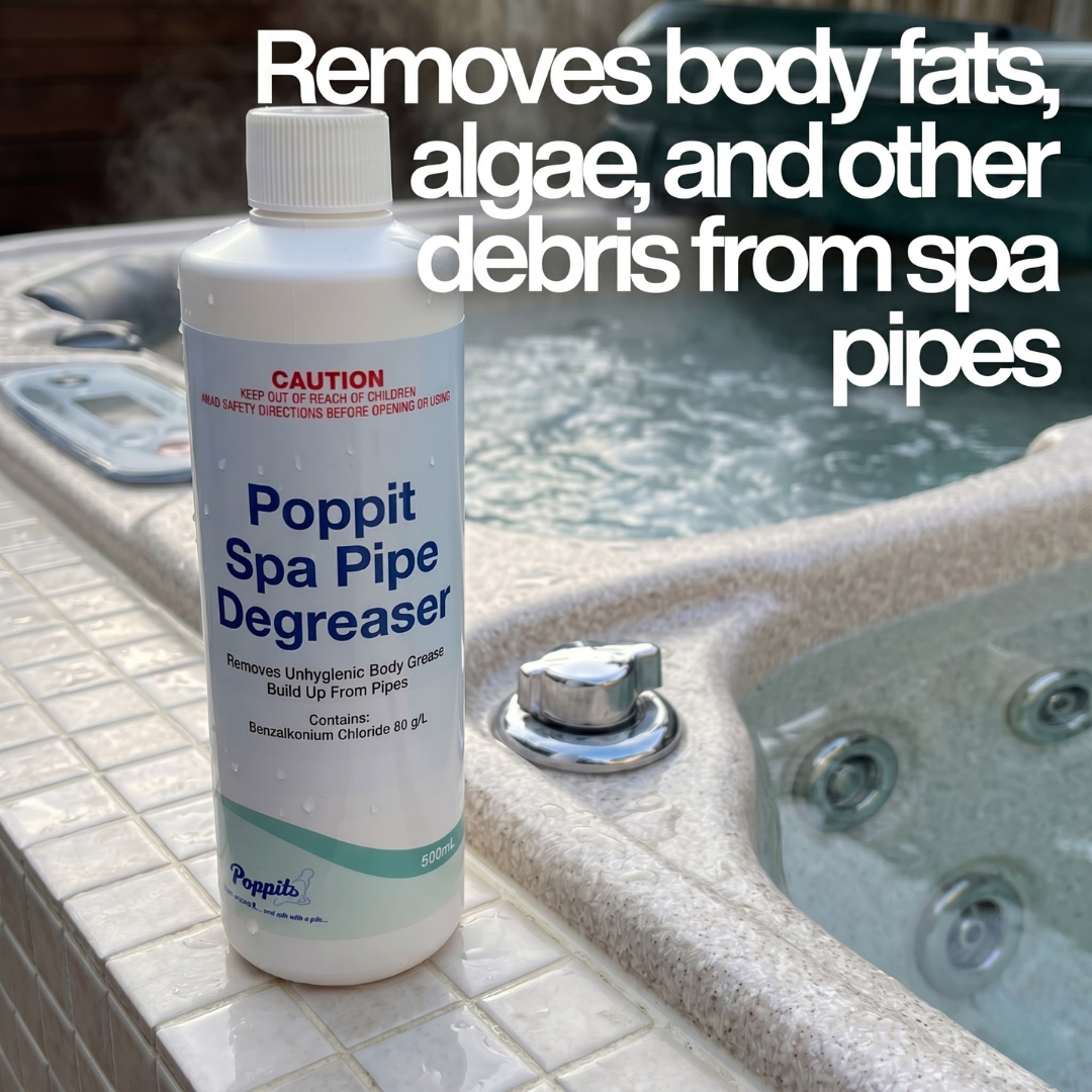 Poppit Spa Pipe Degreaser removes body fats, algae, and other debris from spa pipes