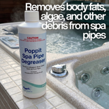 Poppit Spa Pipe Degreaser removes body fats, algae, and other debris from spa pipes