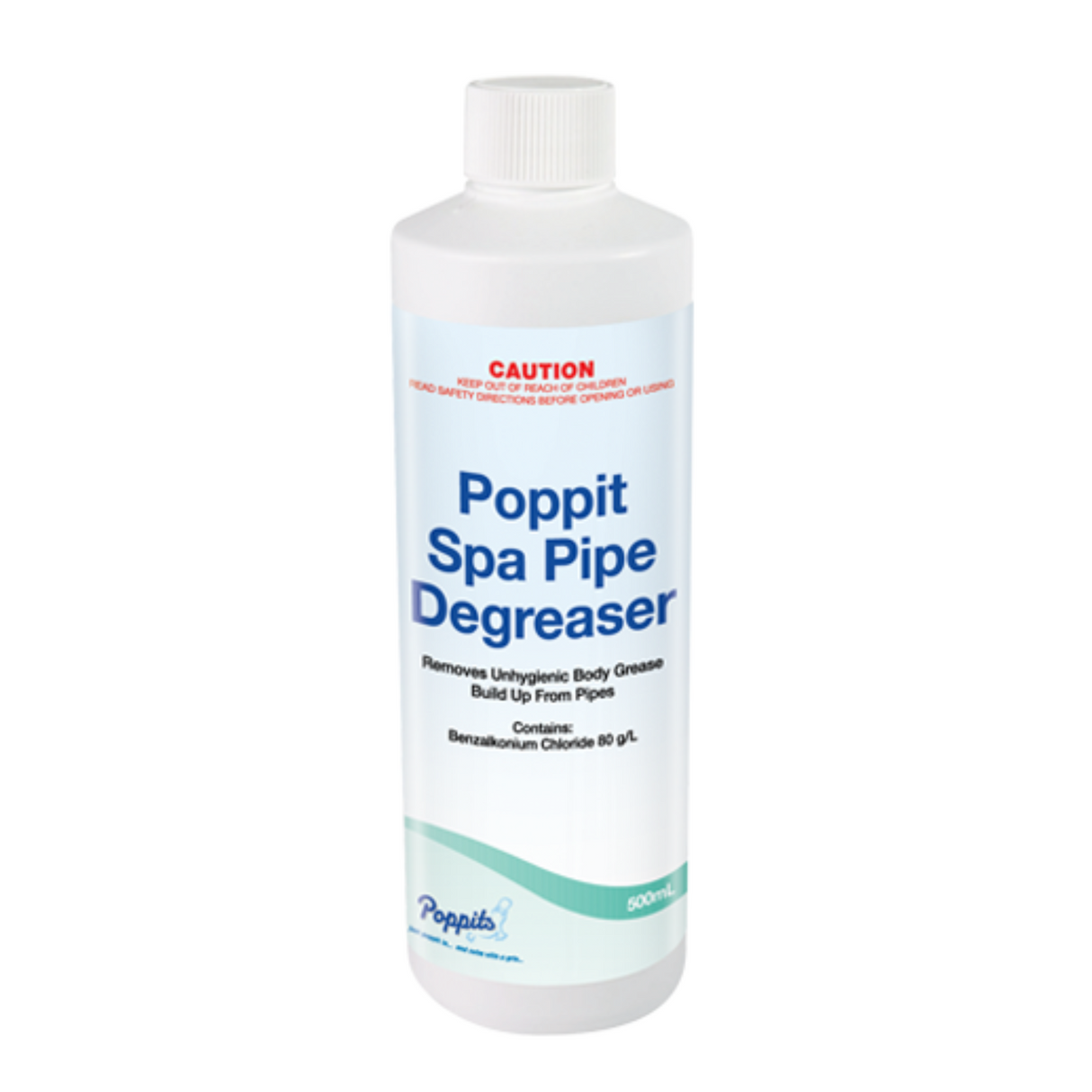 A bottle of Poppits Spa Pipe Degreaser, designed for cleaning spa pipes and maintaining optimal performance.