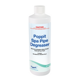A bottle of Poppits Spa Pipe Degreaser, designed for cleaning spa pipes and maintaining optimal performance.
