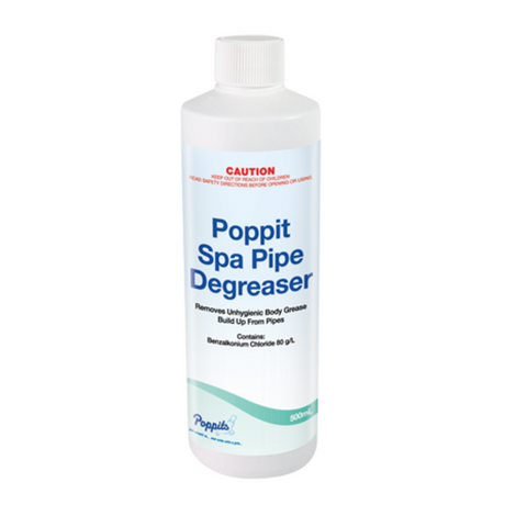 A bottle of Poppits Spa Pipe Degreaser, designed for cleaning spa pipes and maintaining optimal performance.