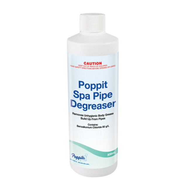 A bottle of Poppits Spa Pipe Degreaser, designed for cleaning spa pipes and maintaining optimal performance.