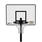 A straight-on frontal view of the S.R. Smith Swim N' Dunk RockSolid commercial pool basketball hoop system showing a clear rectangular acrylic backboard with a thick black outline, a center square target box, a black powder-coated regulation rim with a white nylon net, the S.R. Smith brand logo on the bottom left, and a safety warning label on a solid white background.