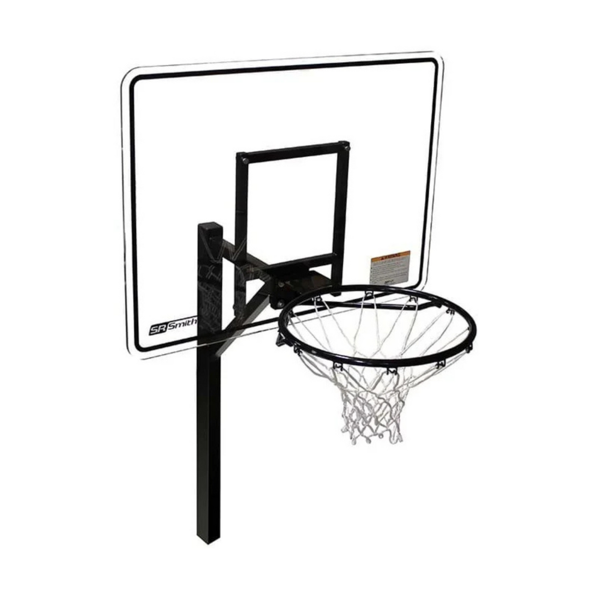 S.R. Smith Swim N' Dunk RockSolid commercial pool basketball hoop system featuring a single black vinyl-coated stainless steel post, a clear shatterproof acrylic backboard with a black border, and a heavy-duty regulation steel rim with an all-weather white net isolated on a clean white background.