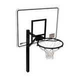 S.R. Smith Swim N' Dunk RockSolid commercial pool basketball hoop system featuring a single black vinyl-coated stainless steel post, a clear shatterproof acrylic backboard with a black border, and a heavy-duty regulation steel rim with an all-weather white net isolated on a clean white background.