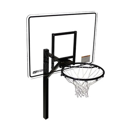 S.R. Smith Swim N' Dunk RockSolid commercial pool basketball hoop system featuring a single black vinyl-coated stainless steel post, a clear shatterproof acrylic backboard with a black border, and a heavy-duty regulation steel rim with an all-weather white net isolated on a clean white background.