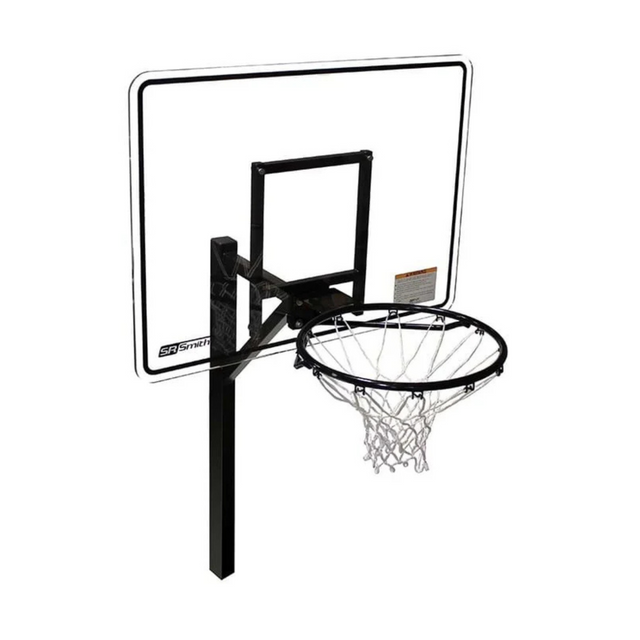 S.R. Smith Swim N' Dunk RockSolid commercial pool basketball hoop system featuring a single black vinyl-coated stainless steel post, a clear shatterproof acrylic backboard with a black border, and a heavy-duty regulation steel rim with an all-weather white net isolated on a clean white background.