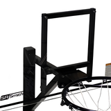 A close-up view of the rear mounting frame assembly on the S.R. Smith Swim N' Dunk RockSolid pool basketball hoop system showing the black heavy-duty steel support structure, target square frame bracket, a section of the clear acrylic backboard with the black S.R. Smith brand logo, and the top attachment points of the black regulation rim on a solid white background.