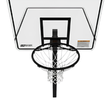 Front close-up view of the S.R. Smith Swim N' Dunk RockSolid pool basketball hoop system showing the regulation black rim, white nylon net, clear acrylic backboard with the black S.R. Smith logo, warning label, and heavy-duty single-post mounting frame on a white background.