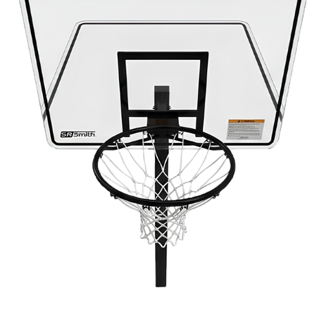 Front close-up view of the S.R. Smith Swim N' Dunk RockSolid pool basketball hoop system showing the regulation black rim, white nylon net, clear acrylic backboard with the black S.R. Smith logo, warning label, and heavy-duty single-post mounting frame on a white background.