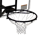 A detailed close-up view of the heavy-duty black steel regulation rim and white all-weather nylon net assembly on the S.R. Smith Swim N' Dunk RockSolid pool basketball hoop system, showing the secure net attachment loops, a section of the clear backboard with a warning label, and the rear mounting framework on a solid white background.