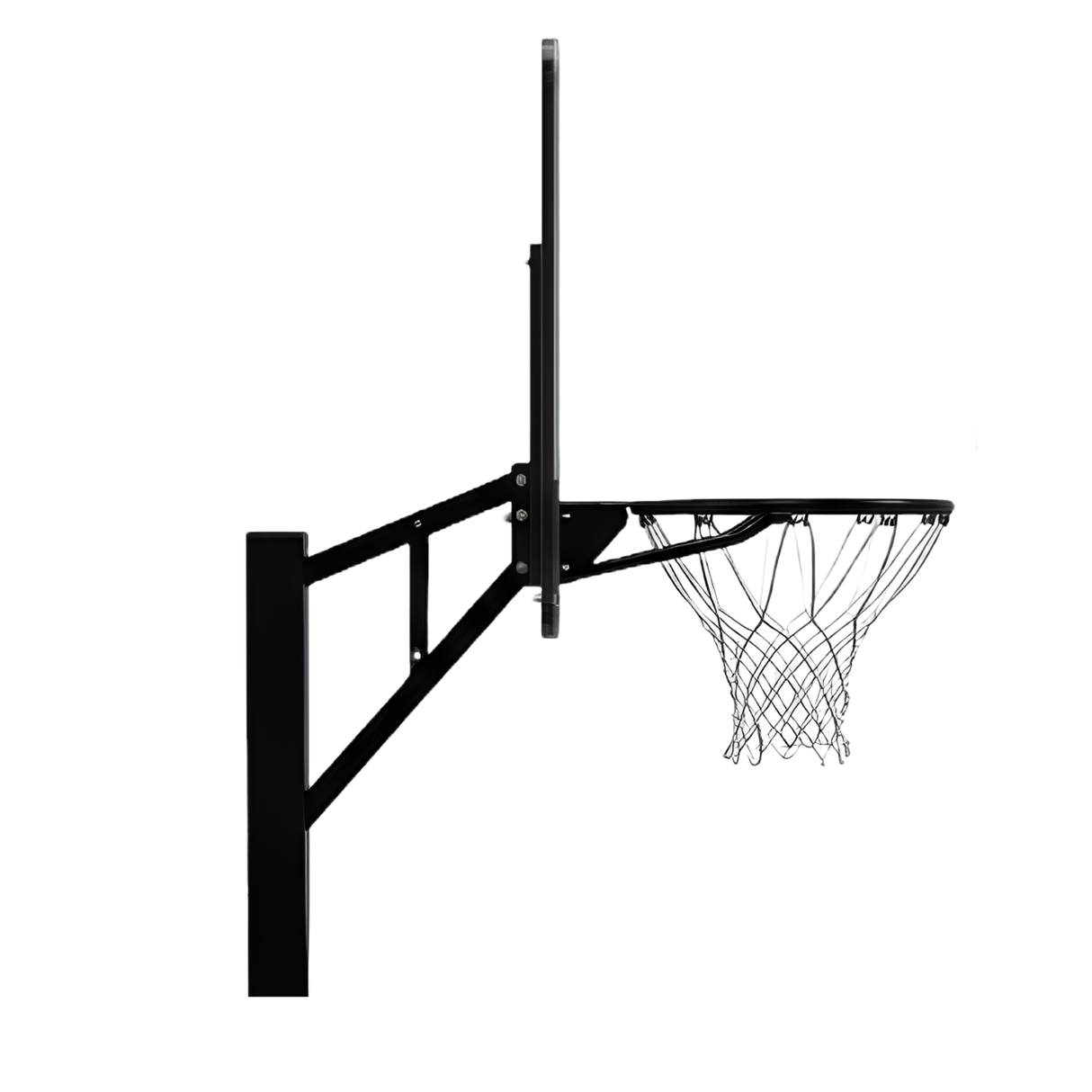 A side profile view of the S.R. Smith Swim N' Dunk RockSolid poolside basketball hoop system showing the black single support post, a triangular extension arm bracket assembly, a vertical clear acrylic backboard frame, and a horizontal regulation black steel rim with a white nylon net against a solid white background.