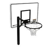 A right-angled perspective view of the S.R. Smith Swim N' Dunk RockSolid poolside basketball hoop system showcasing its clear acrylic backboard with a black perimeter border, a heavy-duty single black support post, a black vinyl-coated regulation rim with a white nylon net, the S.R. Smith logo printed on the lower left, and a safety warning sticker on a plain white background.
